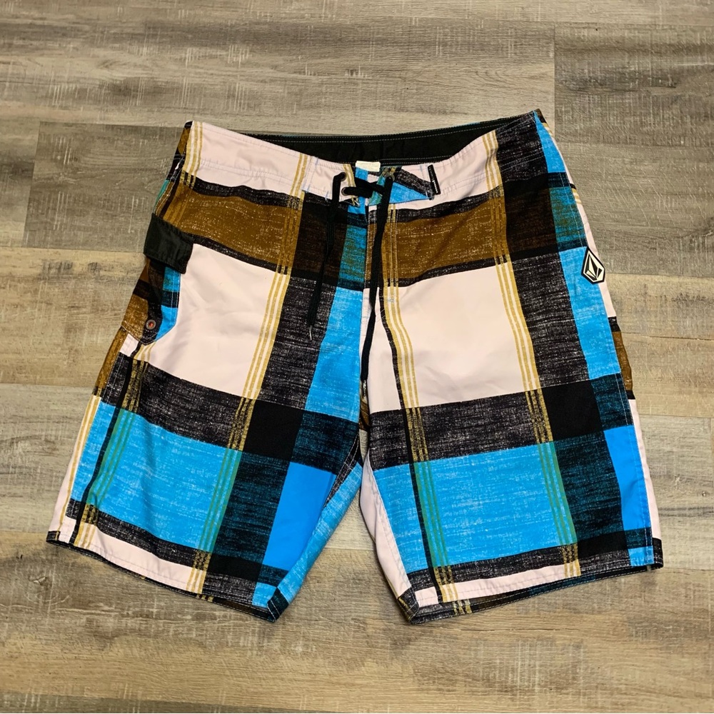 Volcom Mod Tech Plaid Board Shorts Men’s Size 38 Surf Swim Beach